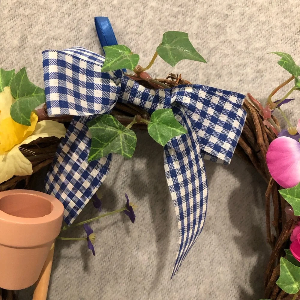 NWOT - Colorful Floral Garden Wreath with Gingham Bow